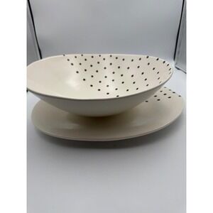 Pier 1 Black Dots Hand Painted Earthenware Bowl and Plate Set Italy Cream Black